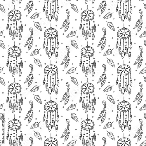A pattern from the round dreamcatcher, native American settlements. Seamless texture in doodle style. Wooden circle with braided ropes, beads and feathers. A ritual of protection. American Indians