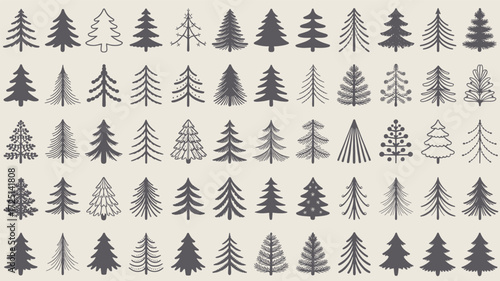 Collection of diverse coniferous evergreen tree silhouettes in various styles and sizes for winter holiday and nature design elements silhouette