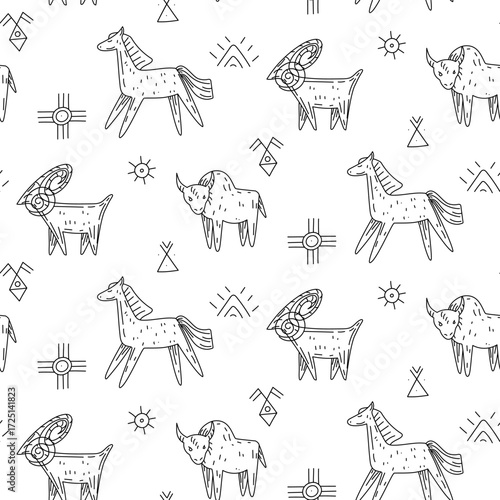 A pattern of schematic images of animals and signs, native American settlements. Seamless texture in doodle style. Schematic images of horses, goats, buffaloes, and symbols. Hunting. American Indians