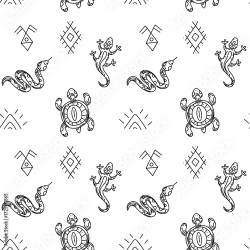 A pattern of desert animals and signs of native American settlements. Seamless texture in doodle style. Lizard, turtle, snake, painted with Indian motifs, silhouettes denoting nature. American Indians