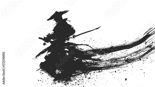 Abstract ink brush illustration of samurai warrior with sword in traditional Japanese sumi painting style