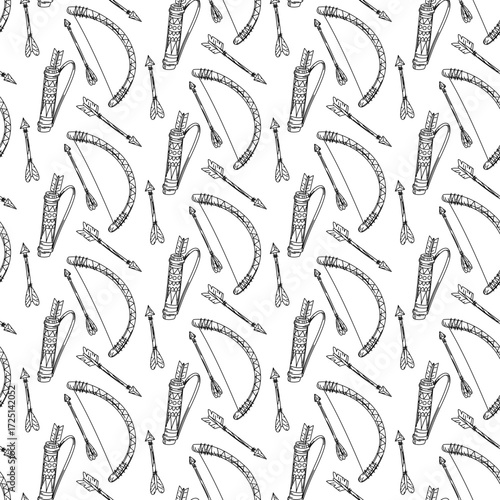 pattern of Sagaidaks, arrows and bow, weapons of native American settlements. Seamless texture in doodle. Wooden bow, metal-tipped arrows in a leather case decorated with feathers. American Indians