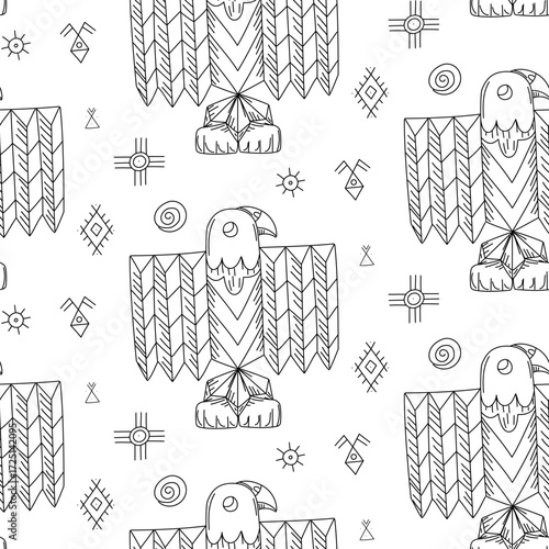 pattern of a totem pole in form of bird with symbols of native American settlements. Seamless texture in doodle. wooden bird with large wingspan with writing symbols. Worship. American Indians