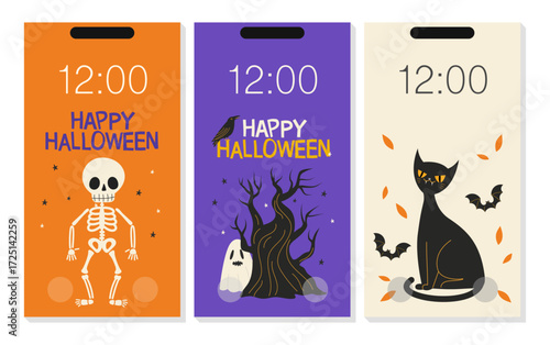 Halloween phone wallpaper set, featuring a skeleton, a spooky tree with a ghost, and a black cat with bats. Editable banners for a spooky season.