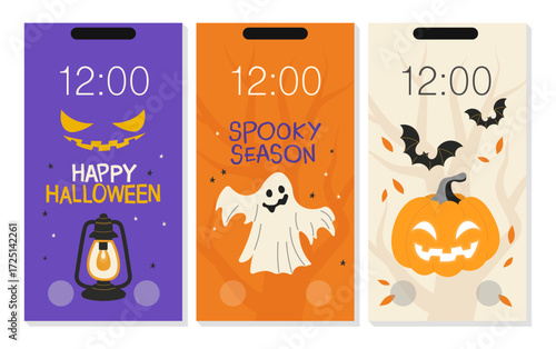 Halloween phone wallpaper set, featuring a lantern, a spooky ghost, and a pumpkin with bats. Editable banners for a spooky season.