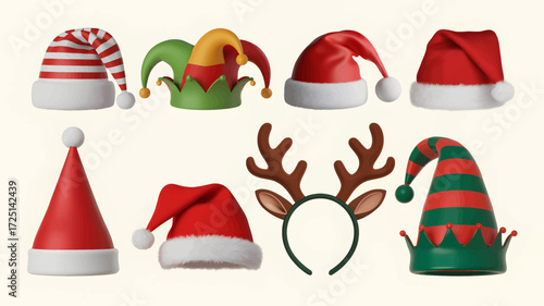 Collection of eight festive christmas hats and reindeer antlers presented as a silhouette against a white background celebrating holiday spirit