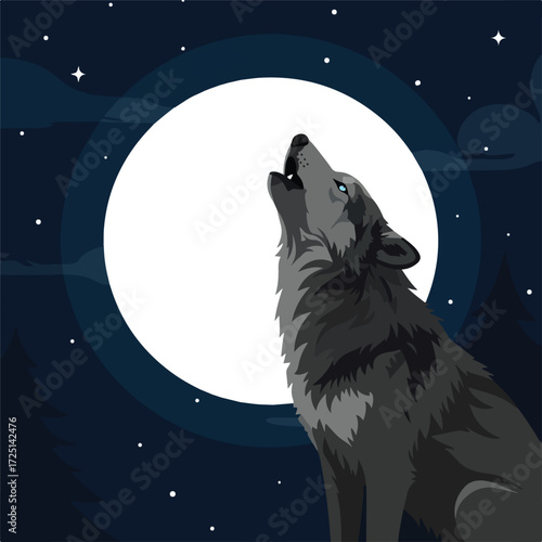 Gray wolf howling at a bright full moon in a dark forest against starry sky