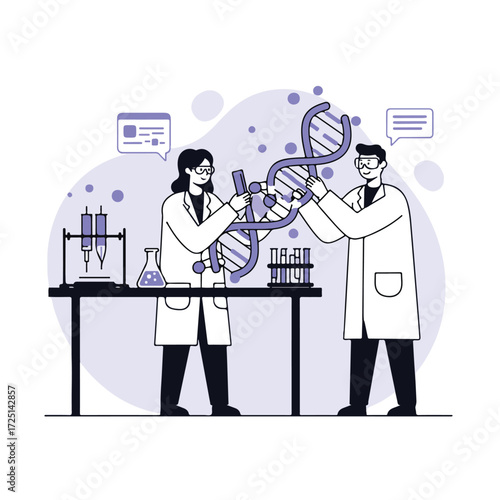 Scientists examine a DNA model in a lab, with equipment and diagrams