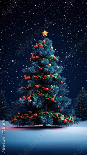 Festively decorated Christmas tree under a starry night sky