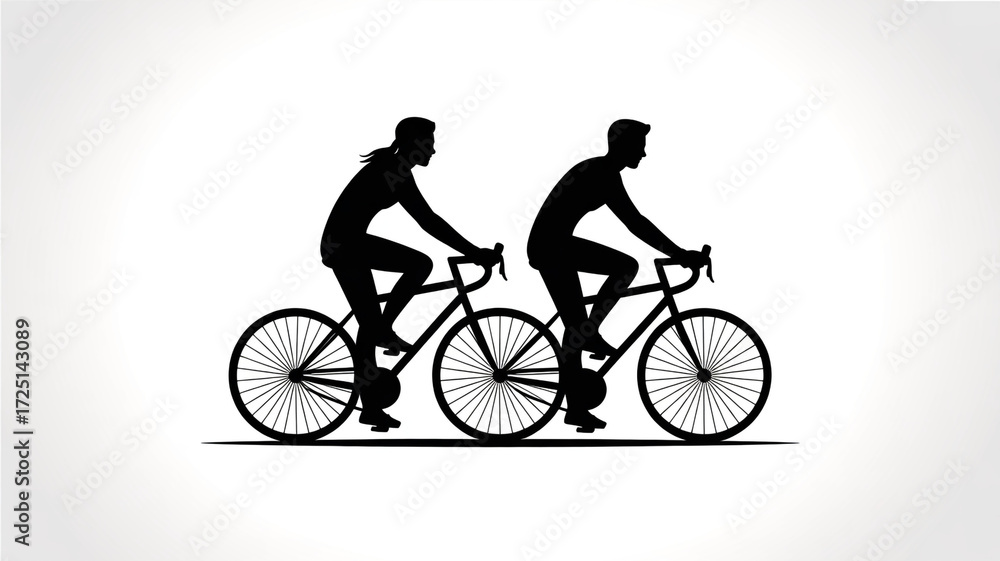 Obraz premium Couple cycling silhouette vector illustration of man and woman riding bicycles together on white background