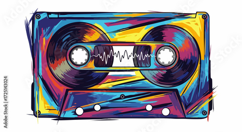 Cassette tape illustration in vivid colors, a nostalgic reminder of analog audio, presented on a white background.