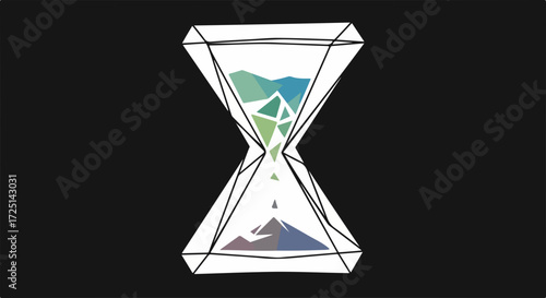 Conceptual time illustration showing time passing, with abstract colored sands. Time passing is seen as fluid, abstract colors flowing in hourglass, representing time's intangible and fleeting nature.