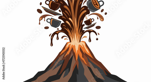 Coffee volcano shows a mountain made of brown lava with a coffee eruption, symbolizing a powerful caffeine kick. Coffee volcano includes cups and plates, suggesting its relation to coffee culture.