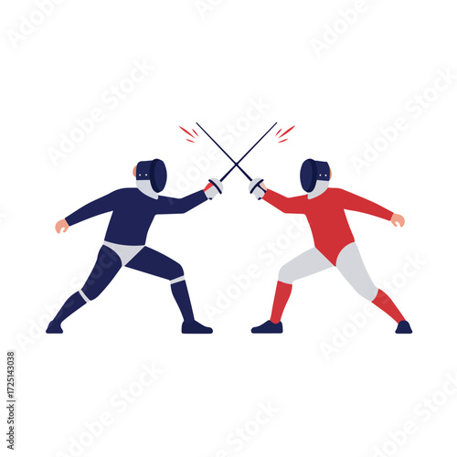 Flat illustration of two fencers dueling with red sparks at sword contact