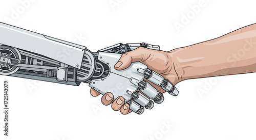 Robot handshake with human hand, showing agreement on white background. Robot handshake represents harmony between humans and machines, symbolising collaboration and partnership.