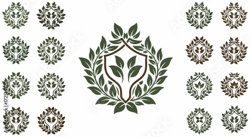 Set of heraldic emblem with leaves on white background. Heraldic emblem provides vintage design elements for eco friendly badges and organic product labels.