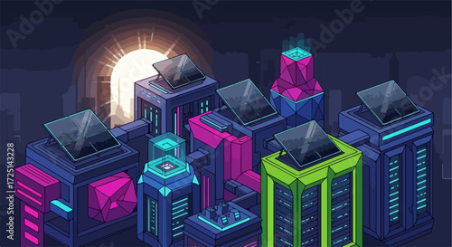 Isometric city with high-rise buildings and creative architecture, solar panels, and light tunnel as a backdrop. Isometric city buildings with solar panels harness the sun's energy.