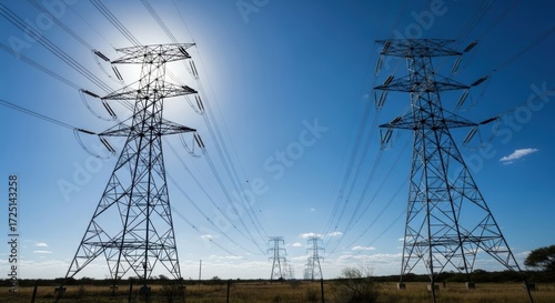 Tall Power Line Towers Against Blue Sky Landscape