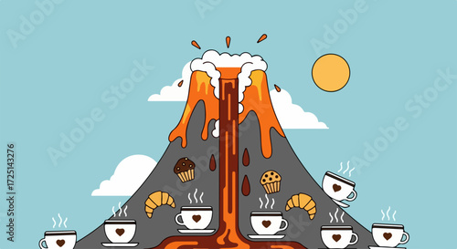 Hot coffee volcano illustration featuring a hot coffee volcano with steaming cups and lava flows, cakes and croissants in cartoon style.
