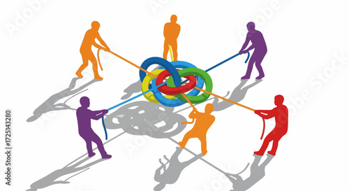 Teamwork concept depicted by interconnected rings and figures pulling ropes, showing collaboration. Effective teamwork showcases colorful human silhouettes pulling on intertwined rings.