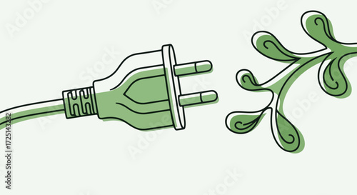 Green energy concept featuring electric plug with green leaves. Green energy from natural resources provides sustainable energy for future generations.