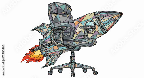 Office chair on rocket launching. Startup concept illustration. Modern office chair attached to rocket for business launch.  Successful startup idea for presentation.