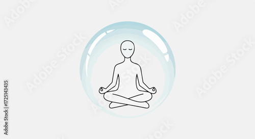 Person meditating inside a translucent bubble. Peaceful meditation session depicted in simple line art style. Tranquil meditation scene ideal for wellness apps, relaxation guides,