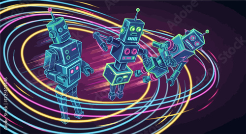 Retro robots dancing in neon light circles.  Three cute retro robots are having fun.  Dynamic retro robots scene perfect for posters and prints.