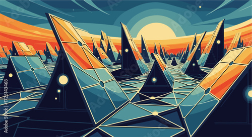 Futuristic solar panels landscape at sunset.  Geometric solar panels generate clean energy.  Modern solar farm concept for renewable energy projects.