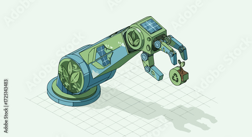 Eco-friendly robotic arm planting sapling.  Robotic arm with green leaves design carefully placing small plant in soil.  Eco-friendly technology concept image for sustainable development projects.