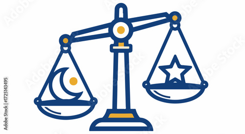 Balanced scales with moon and star.  Justice symbol with night and day.  Equal balance concept for law, balance, and harmony.  This image is perfect for legal themes, spiritual concepts,