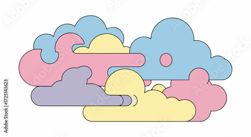 Colorful clouds illustration in pastel shades for designs, a whimsical and dreamy illustration. Pastel clouds add a playful touch for your projects, evoking gentle skies and imaginative themes,