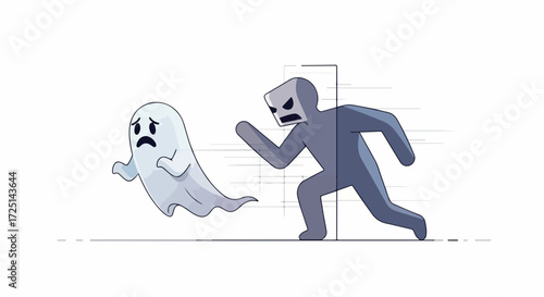 Running away from ghost for game design concept, with fearful ghost floating in air. Running away from ghost showing scene of spooky escape and panic.