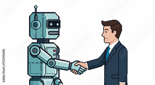Robot handshake shows cooperation between human and technology, a concept for artificial intelligence. Robot handshake illustration depicting cooperation, partnership,