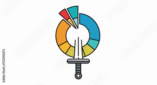 Financial pie chart shows economic growth analysis and sword icon below, financial pie chart represents business risks and opportunities.