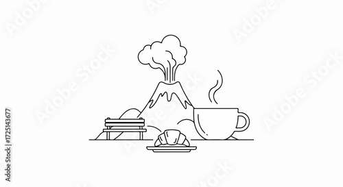 Coffee break illustration with volcanic mountain scenery and croissant on plate. Coffee break concept combines coffee time, landscape, food, and geology.
