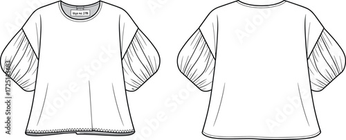 Women’s gathered sleeve top, loose fit blouse, decorative stitch hem, fashion flat sketch, CAD apparel drawing, vector clothing design, front back