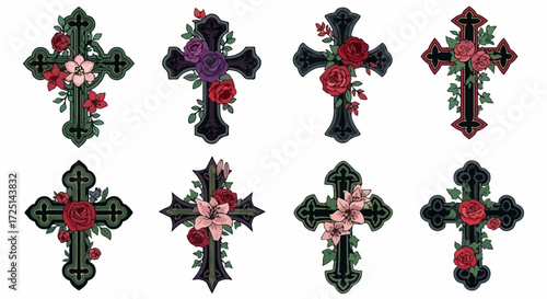 Floral cross designs featuring gothic floral cross with various flower arrangements. Gothic floral cross designs show detailed floral ornaments and symbolic religious art.