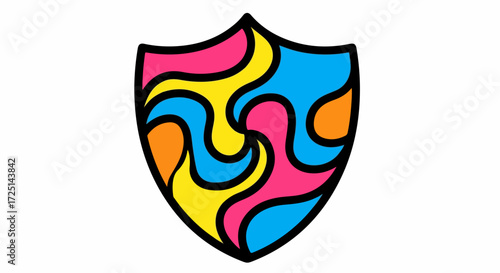Artistic shield emblem with colorful abstract pattern filling, bold outlines define shape. Shield emblem evokes security and protection.