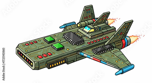 Spacecraft on white background showcases intricate details of science fiction vehicle. Spacecraft design highlights futuristic military vehicle for space adventures and missions.