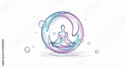 Silhouette meditation inside a bubble on tranquil backdrop. Meditation art presents peaceful silhouette figure seated within transparent globe, reflecting calmness, wellness and spiritual balance.