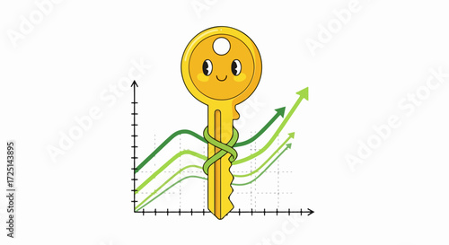Key to success with rising financial graph on white background. Key to success with arrow charts, indicating increasing growth and investment returns.