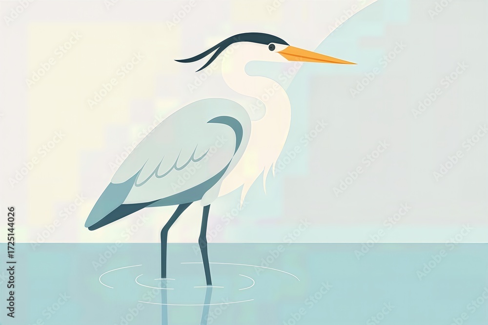 Fototapeta premium Minimal Heron Standing in Shallow Water Illustration