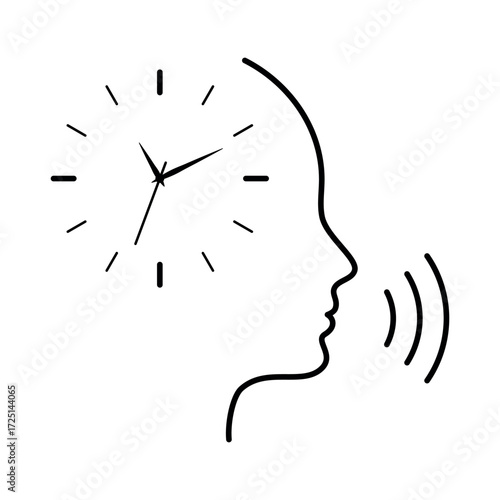 Human head with clock and sound waves representing psychology, circadian rhythm, cognitive process, mental health, inner voice, communication, awareness and brain function. Editable stroke