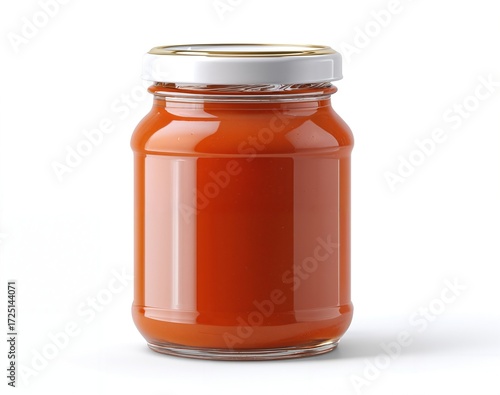 Glass jar filled with smooth red tomato sauce sealed with white metal lid on white background product photography clean label free jar reflection closeup