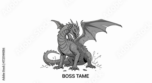 Boss tame dragon in black and white cartoon illustration, this boss tame dragon has wings. Boss tame dragon for illustrations, graphic novels, and animation art, suitable for educational materials.