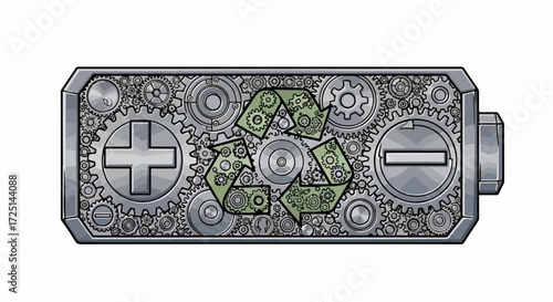 Conceptual battery recycling with gears and a recycle sign in metallic texture, signaling eco-friendly technology. Battery recycling symbolizes sustainability and renewable resources.