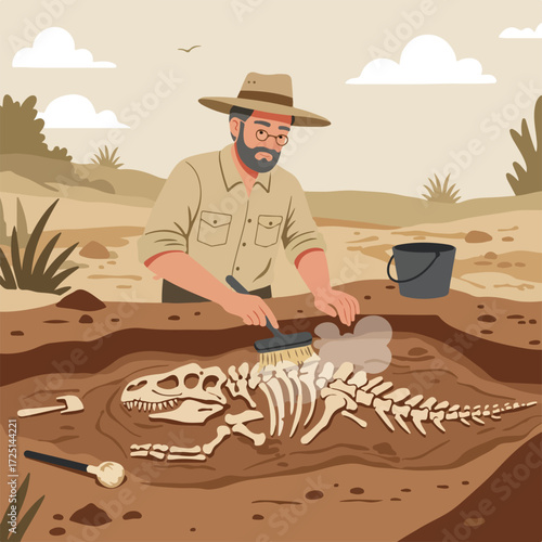 Cartoon paleontologist carefully brushes fossil dinosaur skeleton in desert site