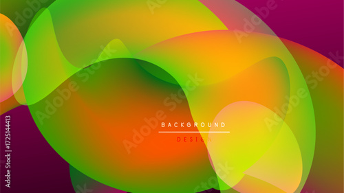Abstract vibrant layers overlap, creating dynamic colorful visual. Smooth gradients blend orange, green, yellow, magenta hues. Dark background emphasizes shapes.