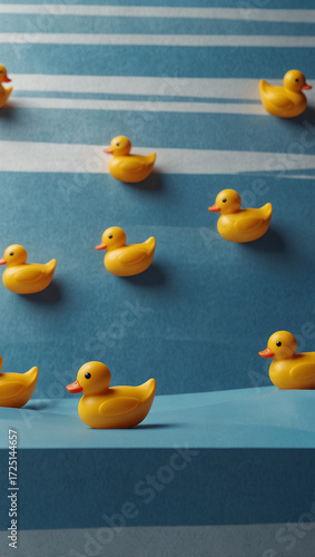 Playful Yellow Rubber Duck on Blue and White Striped Waves – Minimalist Whimsical Toy Design